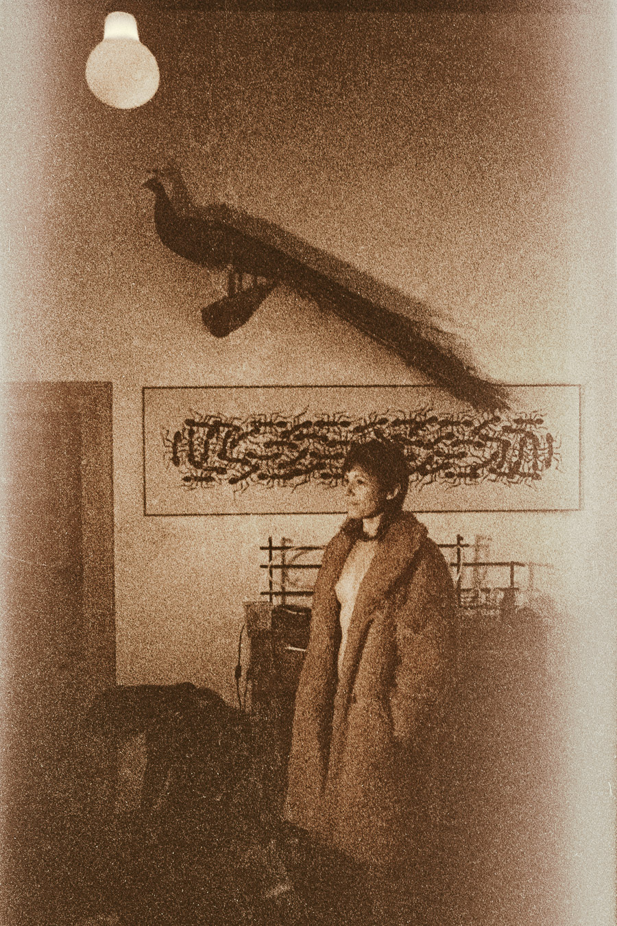 Künstlerische Sepia-Fotografie von Antje Kröger. Eine Frau mit entblößtem Oberkörper und Fell-Mantel befindet sich zwischen den Ästen eines Baumes, aufgenommen aus frontaler Perspektive. Die warmen Braun- und Beigetöne der Sepia-Tonung sowie die ausgeprägte Körnung verleihen dem Bild eine Vintage-Ästhetik und traumartige Qualität. Die verzweigten Äste bilden ein grafisches Netzwerk, das die menschliche Figur umgibt. Die Szene erinnert an archaische Naturrituale oder mythologische Darstellungen. Der Kontrast zwischen der nackten Haut und dem voluminösen Fell-Mantel verstärkt die symbolische Dimension. Krögers fotografischer Stil verbindet Körper und Natur zu einer symbiotischen, surrealen Einheit mit starker visueller Wirkung.