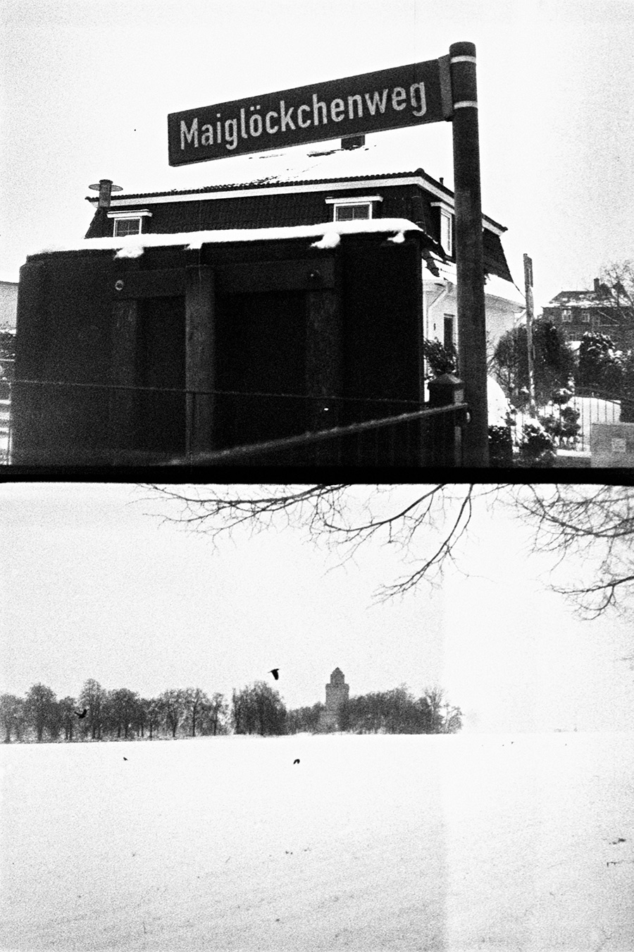 Maiglöckchenweg Schkeuditz Straßenschild und Winterfeld, Agat18k Halbformat, analog
