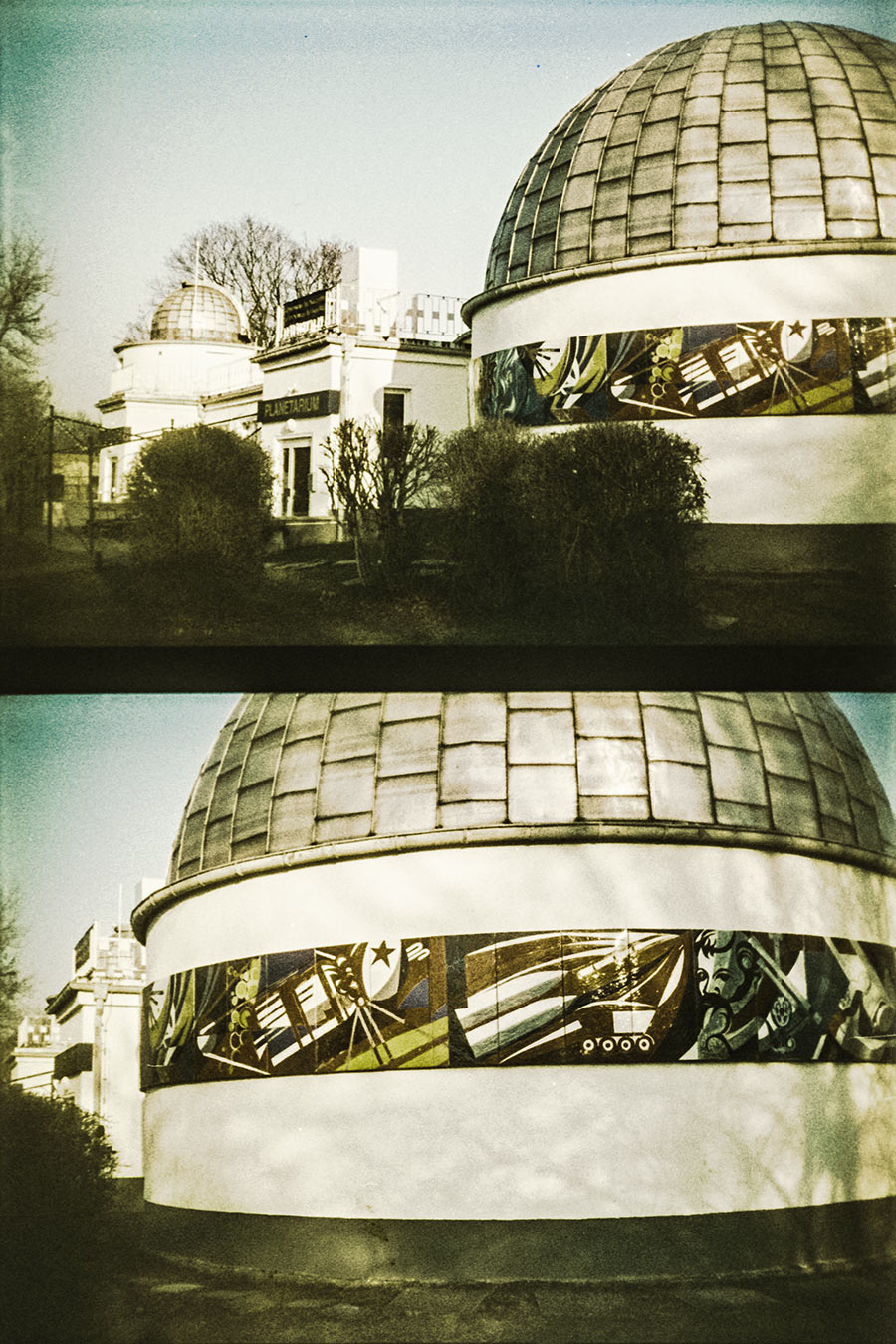 Sternwarte Schkeuditz Doppelansicht Winter, Agat18k Halbformat, DDR-Architektur analog