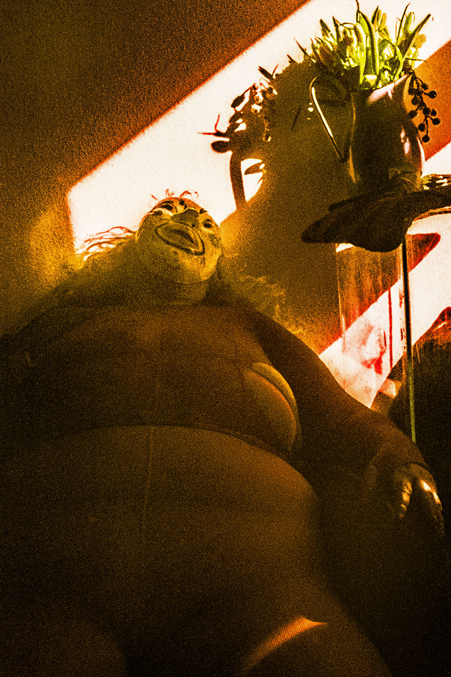 Analoges, gekörntes Foto von unten. Eine maskentragende Person reckt den Kopf nach oben, lachend oder schreiend. Daneben ein Regal mit Pflanzentopf, im Hintergrund rot-weißes Muster. Starkes Korn, warme Erdtöne.