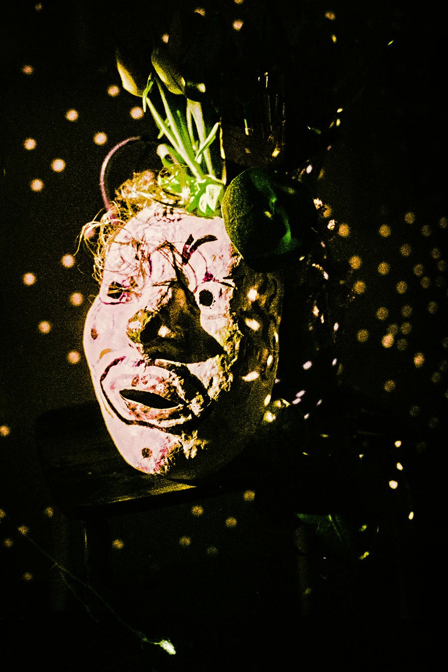 Dunkel gehaltenes Foto. Eine weiß-bemalte Clownmaske mit aufgerissenem Mund, aus dem Kopf wachsen grüne Pflanzentriebe. Der Hintergrund ist schwarz mit rosa-goldenen Lichtpunkten übersät, wie Bokeh Discokugel.
