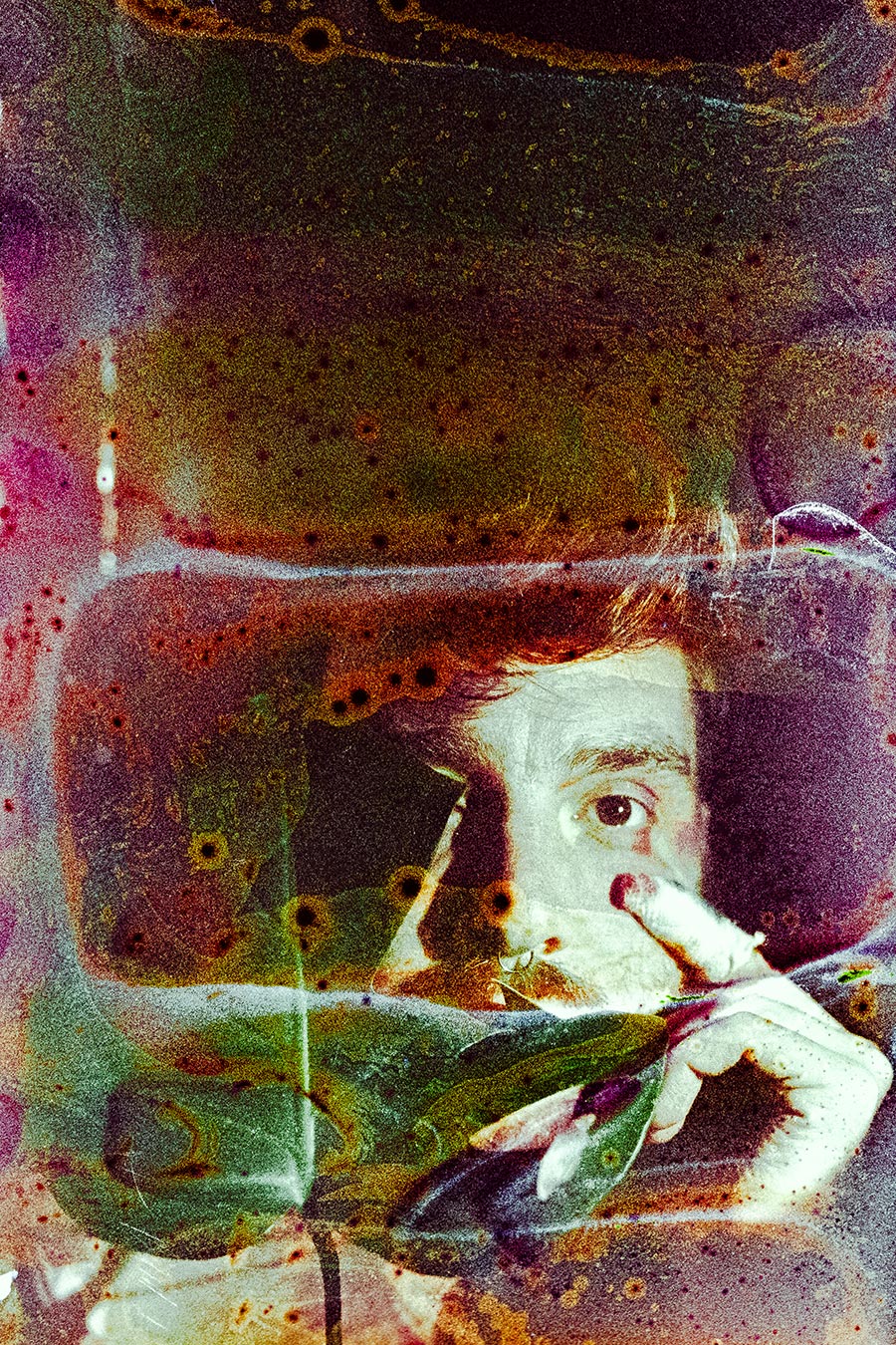 Gesicht zwischen Filmschichten mit Pflanzenmotiv, Fujicolor Superia 1600 Filmsuppe, Fotografin Leipzig