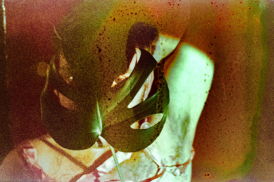 Körper mit großem Monstera-Blatt, kein Gesicht, Filmsuppe Fujicolor Superia 1600, Fotografin Leipzig