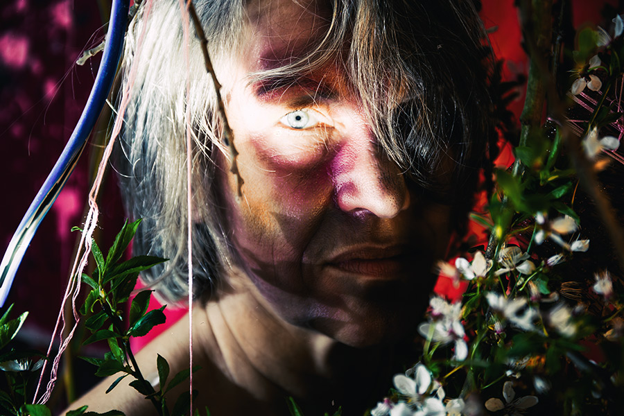 Fotokunst Greisenmädchen, extremes Nahporträt mit einem blauen Auge zwischen Blüten und Haaren, Fotografin Leipzig