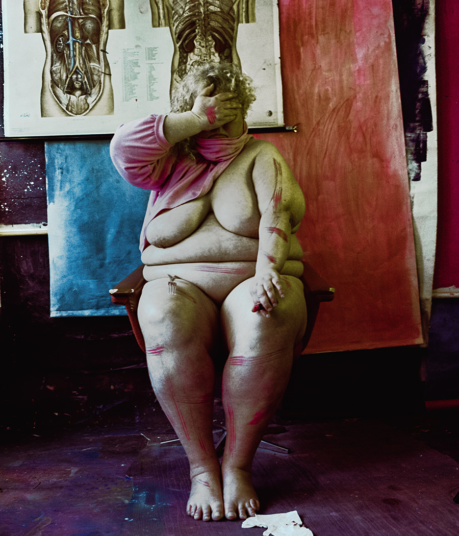 Analoges Farbfoto: Sitzende Frau, pinkes Shirt hochgezogen, Gesicht mit Hand bedeckt, rote Pinselstriche auf Körper und Beinen, anatomische Tafeln und roter Hintergrund. Aktfotografie, Nude. Dicker Körper einer Frau.